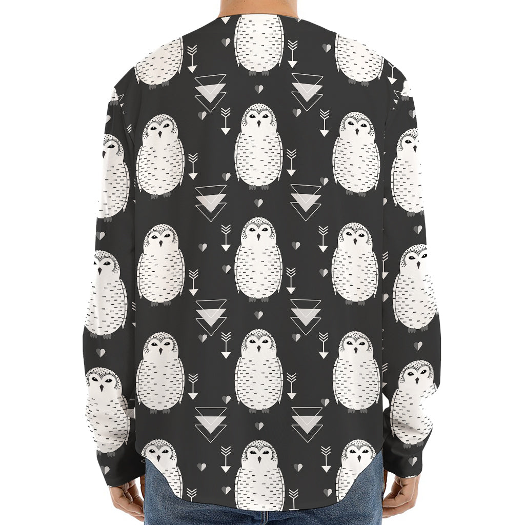 Cute White And Grey Owl Pattern Print Long Sleeve Baseball Jersey