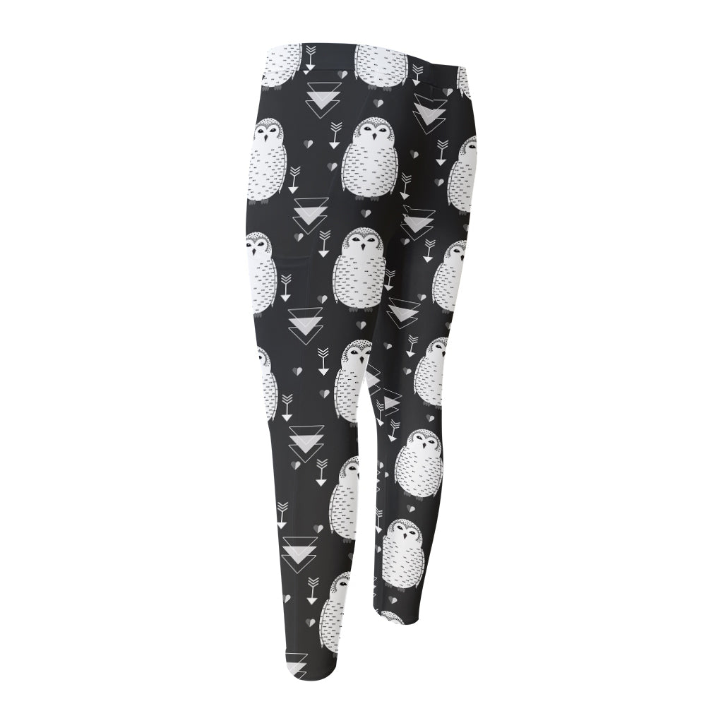 Cute White And Grey Owl Pattern Print Men's Compression Pants