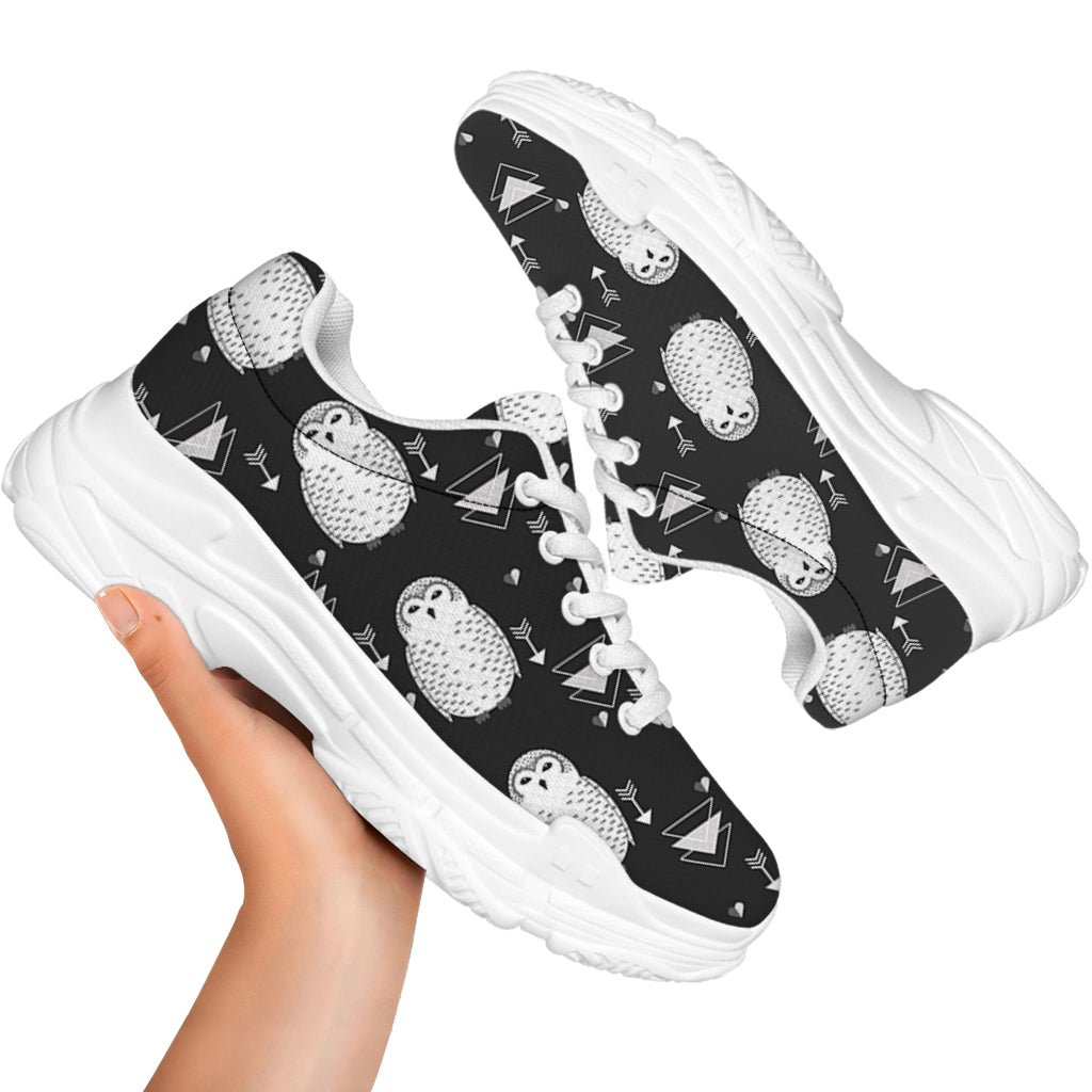 Cute White And Grey Owl Pattern Print White Chunky Shoes
