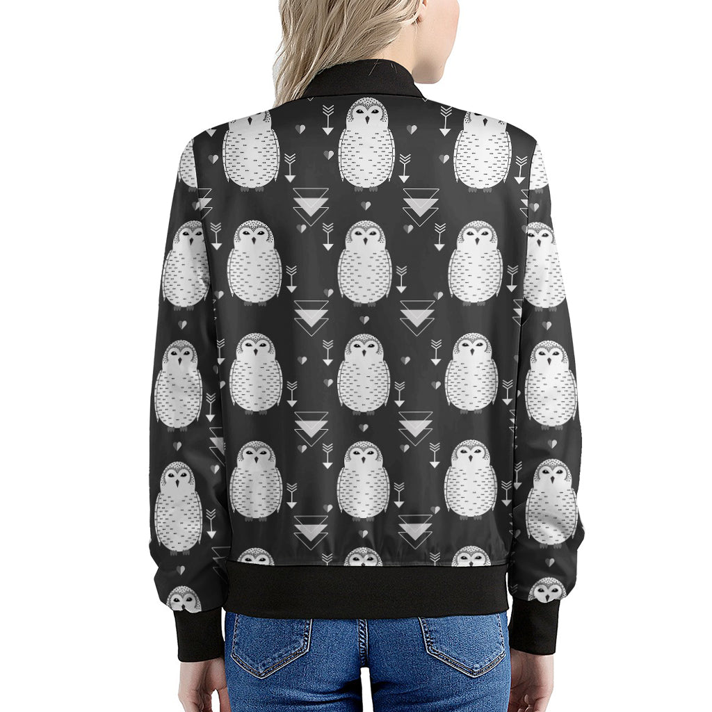 Cute White And Grey Owl Pattern Print Women's Bomber Jacket