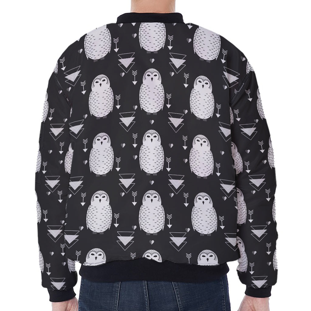 Cute White And Grey Owl Pattern Print Zip Sleeve Bomber Jacket