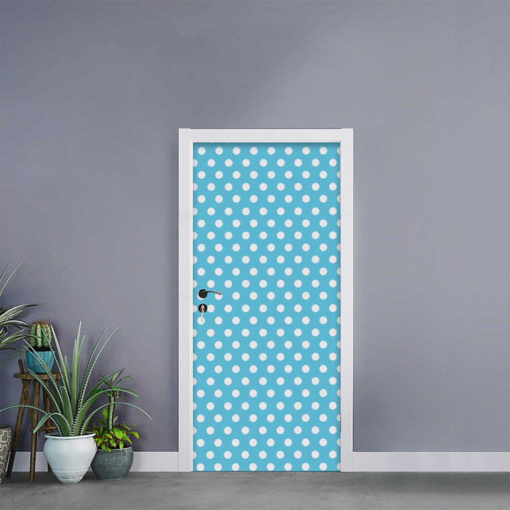Cyan And White Polka Dot Pattern Print Door Sticker