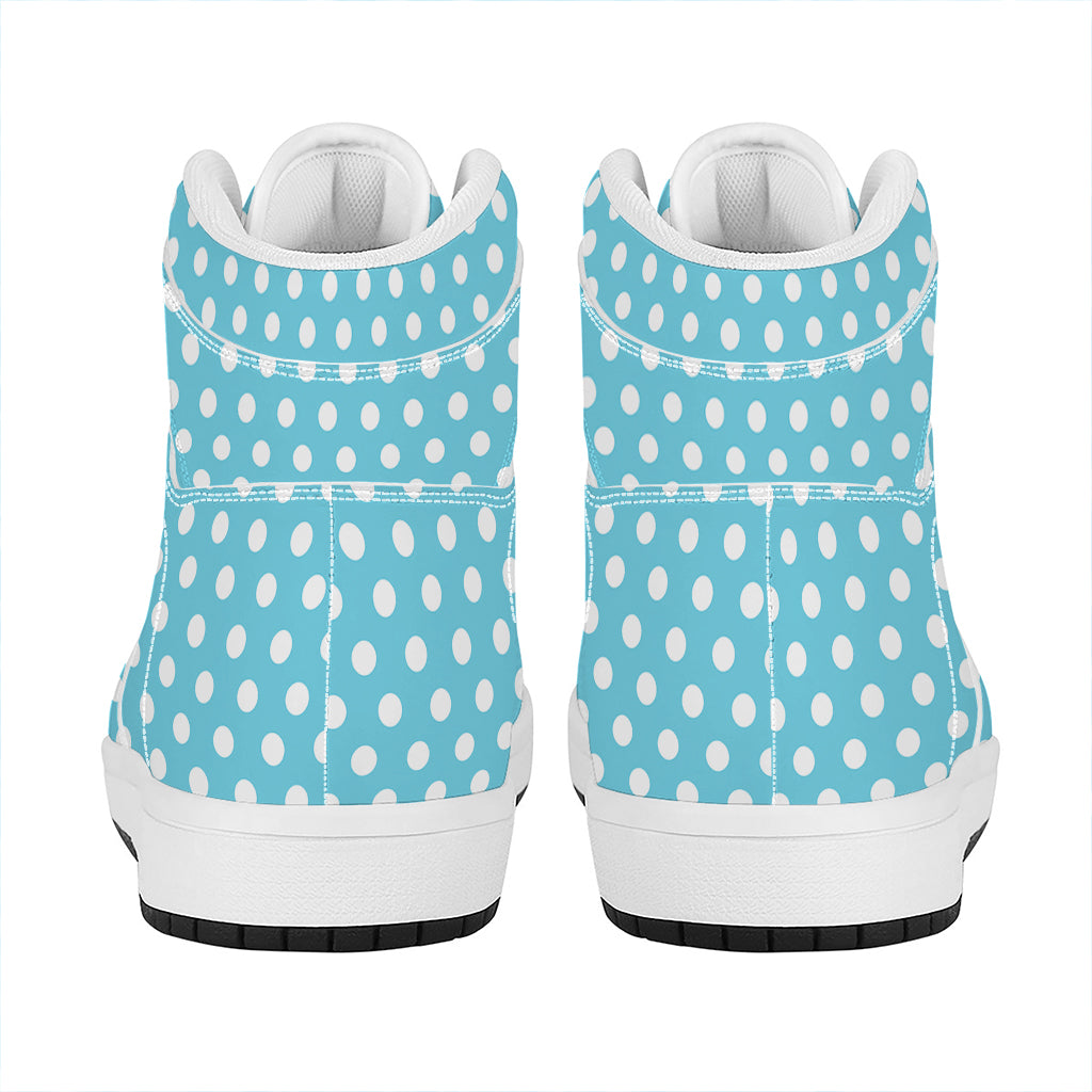 Cyan And White Polka Dot Pattern Print High Top Leather Sneakers