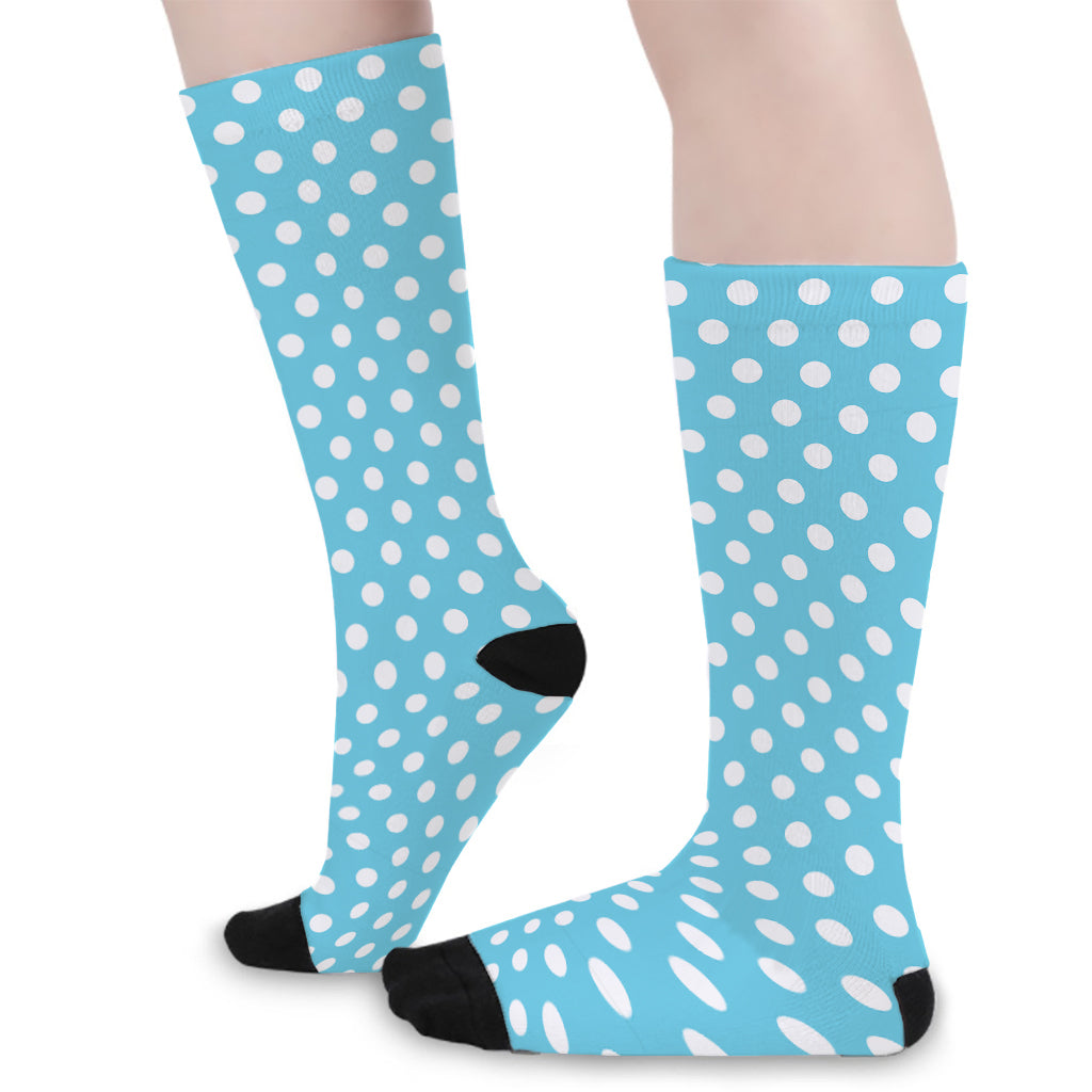 Cyan And White Polka Dot Pattern Print Long Socks