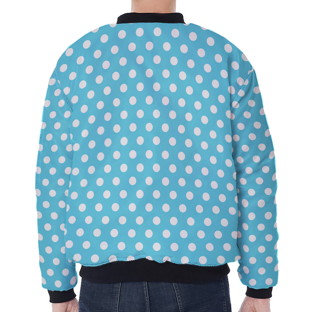 Cyan And White Polka Dot Pattern Print Zip Sleeve Bomber Jacket