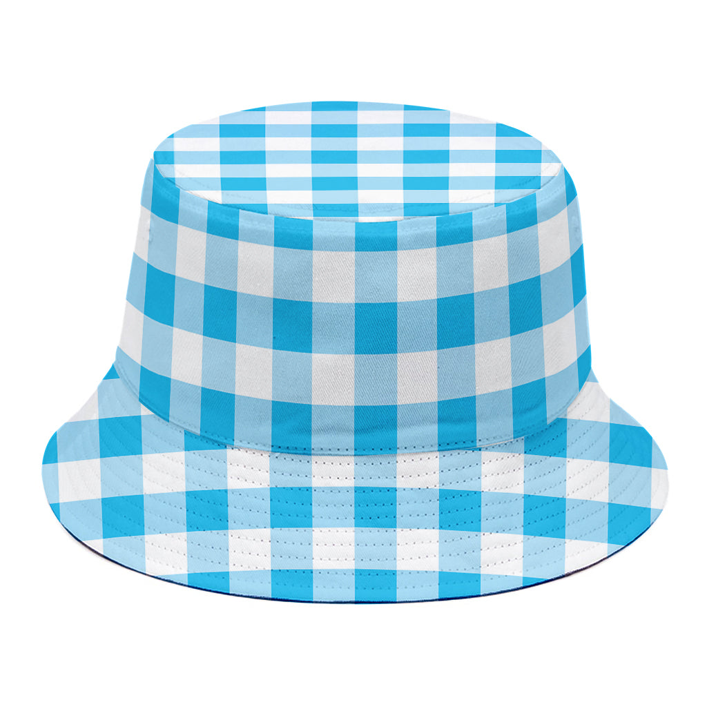 Cyan Blue And White Gingham Print Bucket Hat