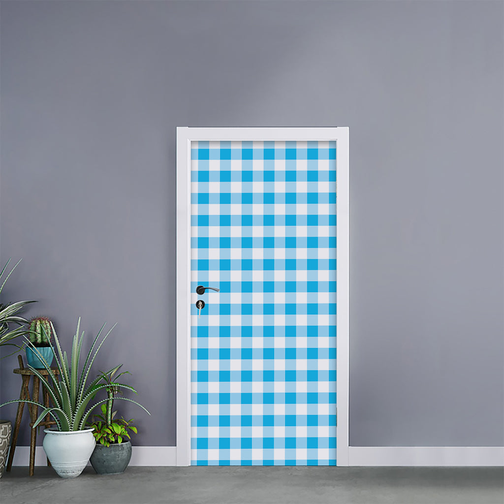 Cyan Blue And White Gingham Print Door Sticker