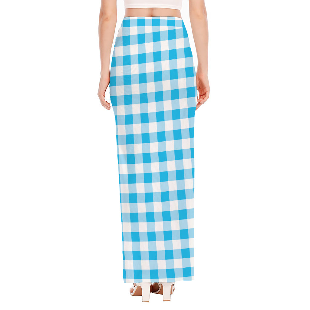 Cyan Blue And White Gingham Print High Slit Maxi Skirt