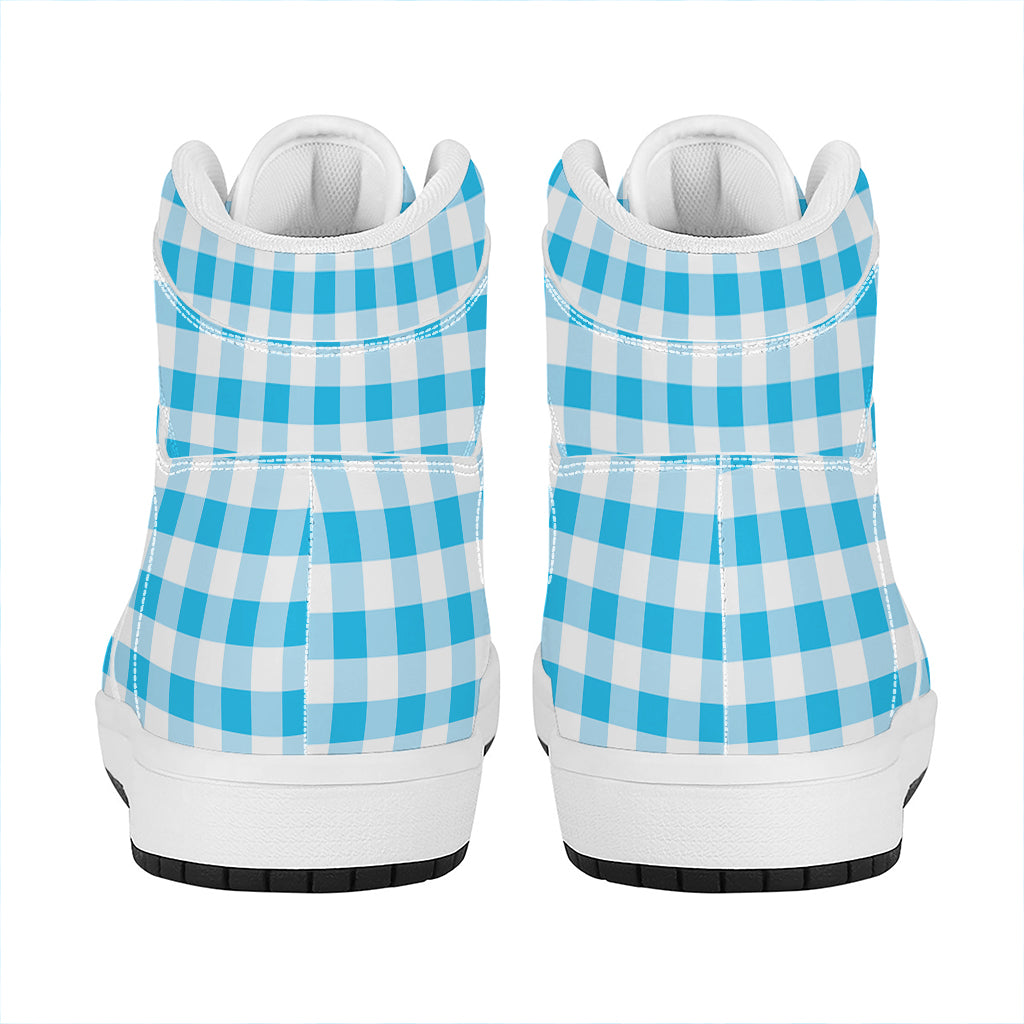 Cyan Blue And White Gingham Print High Top Leather Sneakers