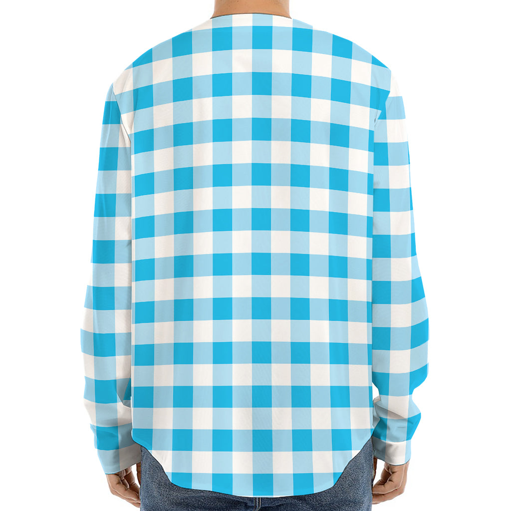 Cyan Blue And White Gingham Print Long Sleeve Baseball Jersey
