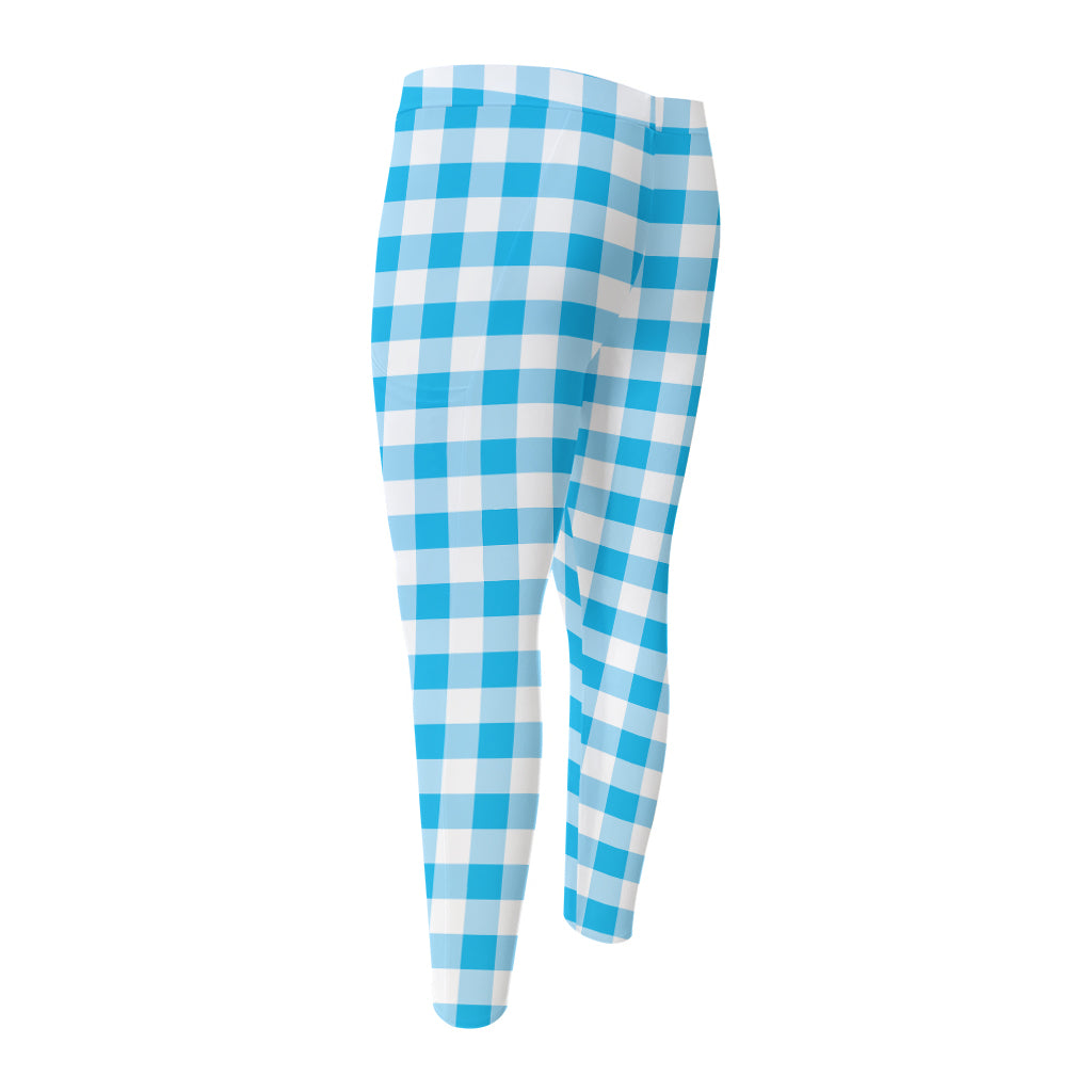 Cyan Blue And White Gingham Print Men's Compression Pants
