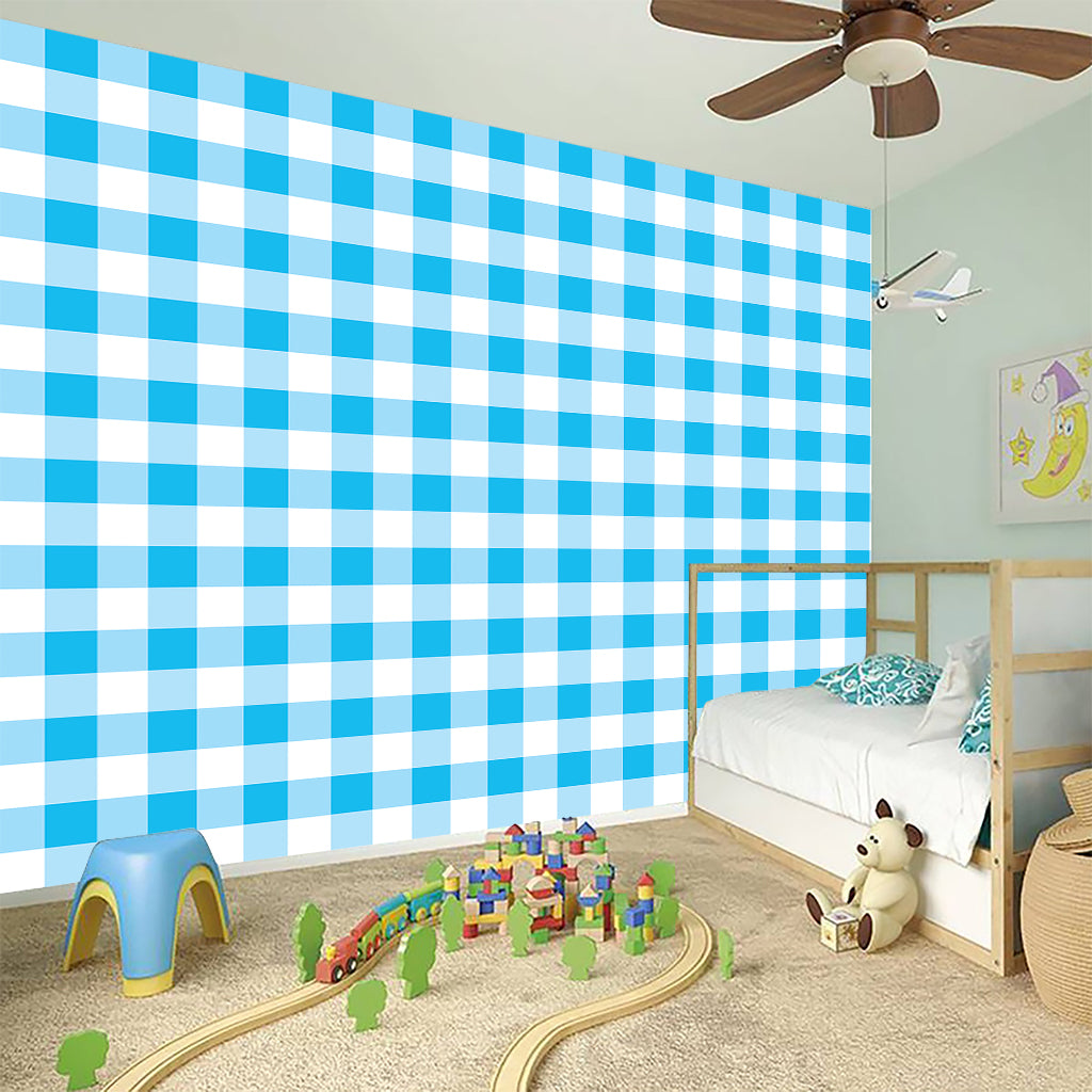 Cyan Blue And White Gingham Print Wall Sticker