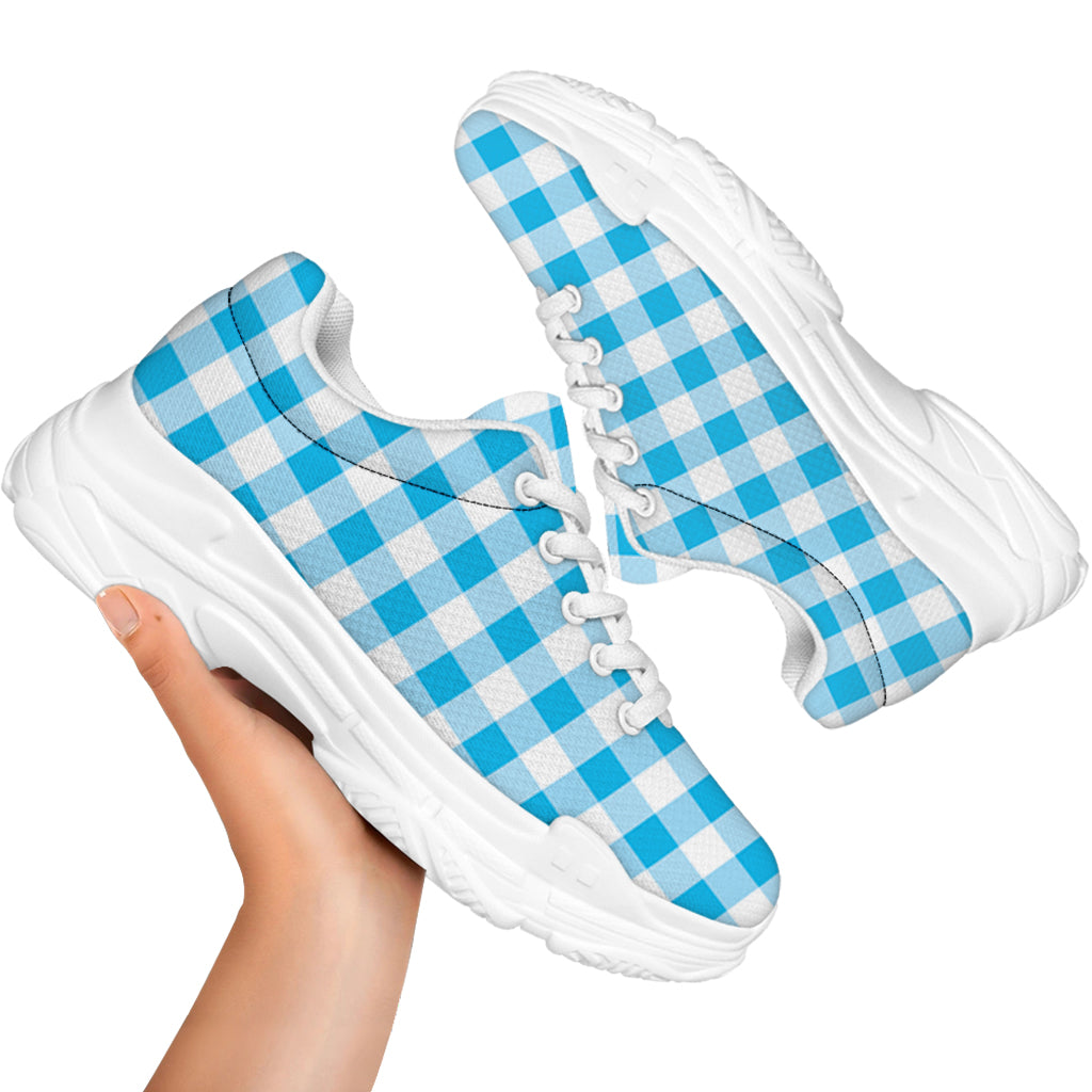 Cyan Blue And White Gingham Print White Chunky Shoes
