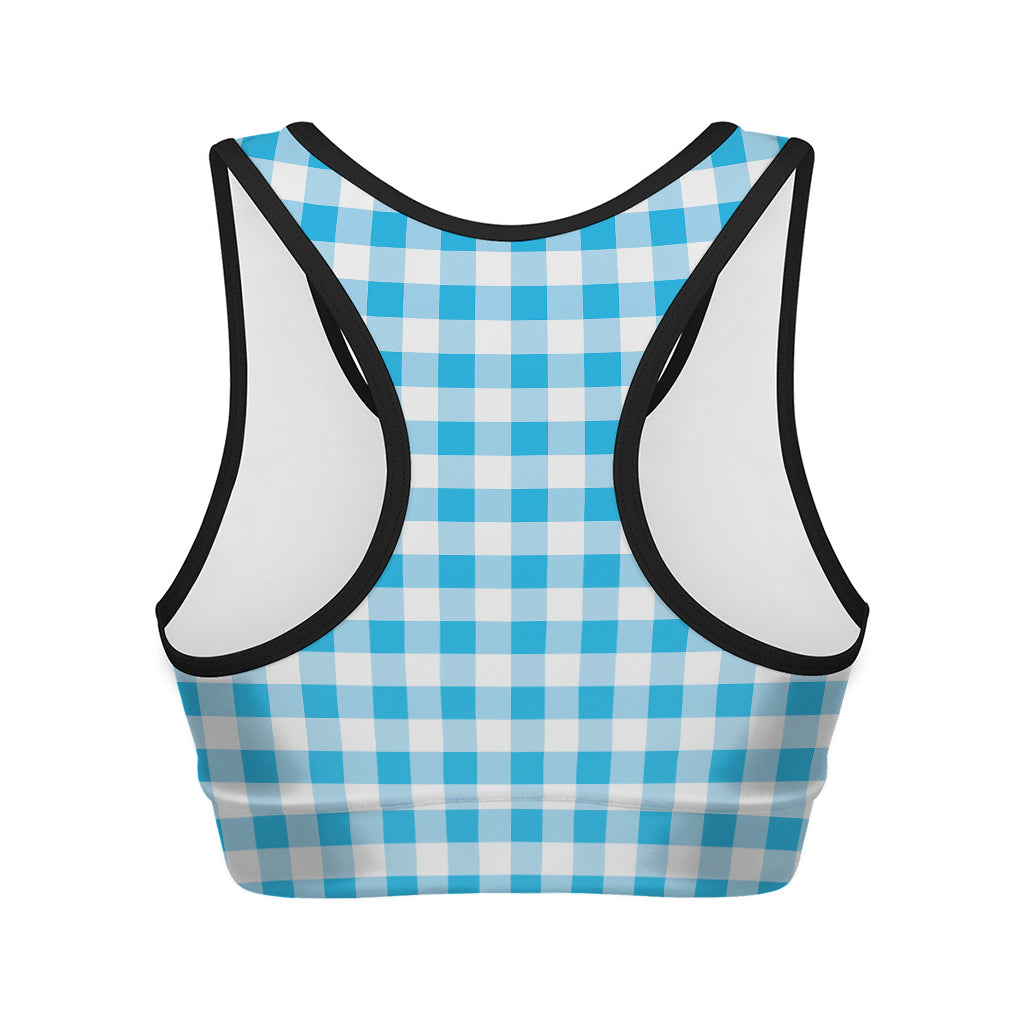 Cyan Blue And White Gingham Print Women's Sports Bra