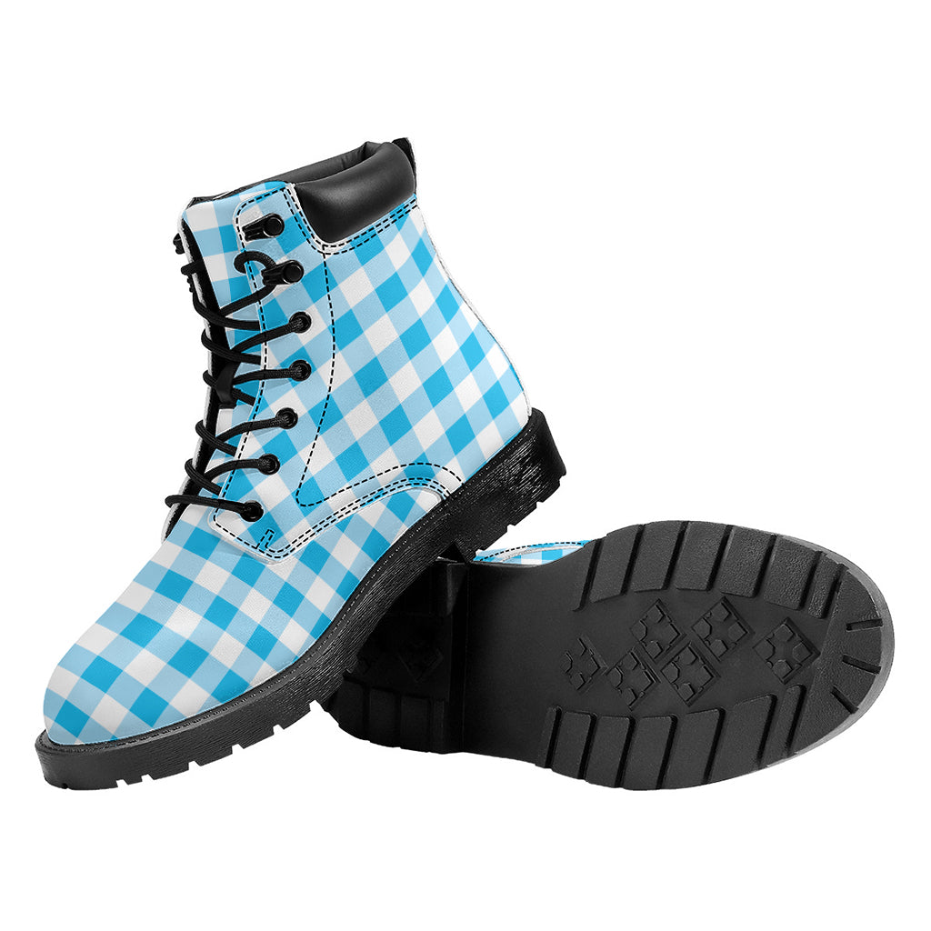 Cyan Blue And White Gingham Print Work Boots