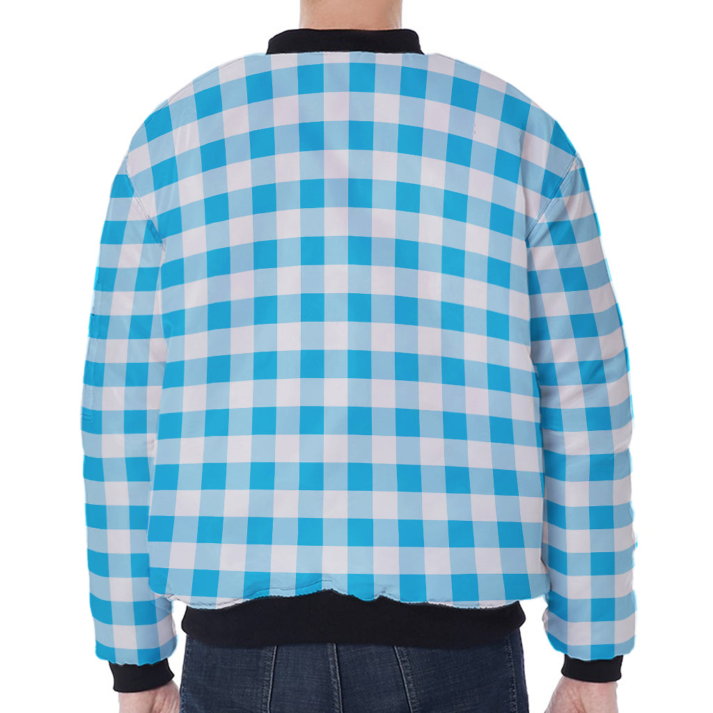 Cyan Blue And White Gingham Print Zip Sleeve Bomber Jacket