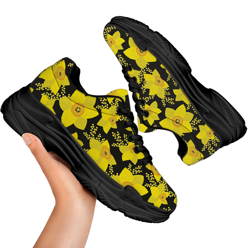 Daffodil And Mimosa Pattern Print Black Chunky Shoes