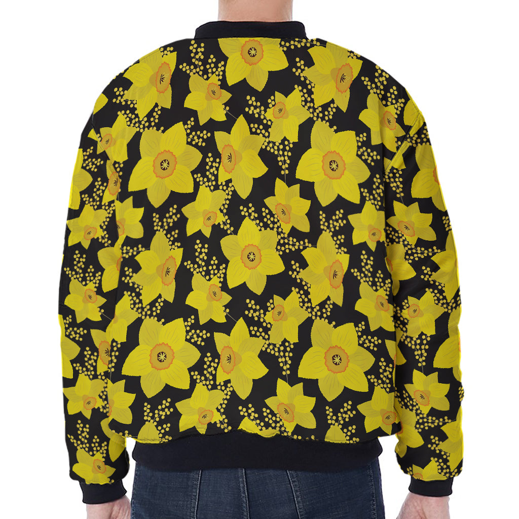 Daffodil And Mimosa Pattern Print Zip Sleeve Bomber Jacket