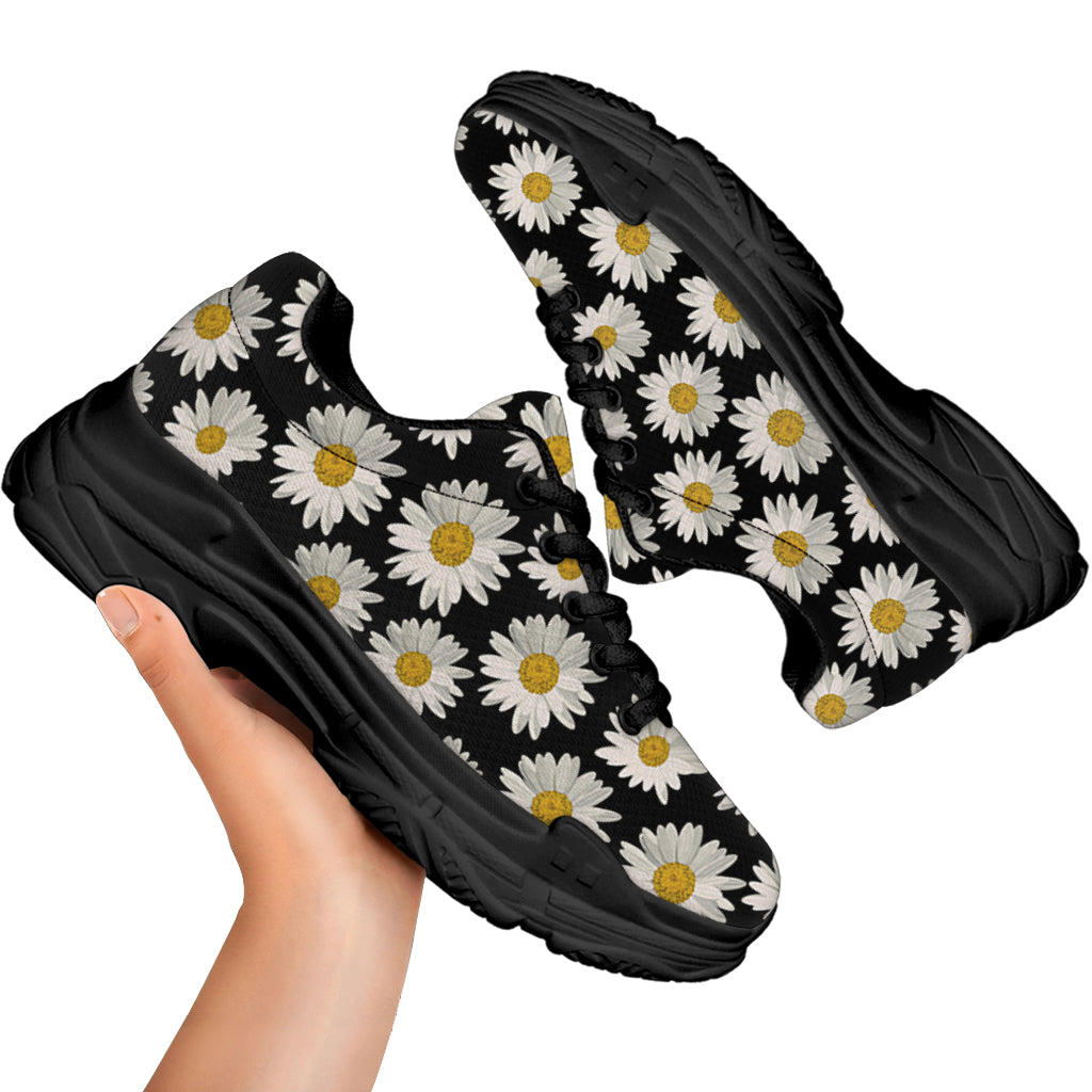 Daisy Flower Pattern Print Black Chunky Shoes