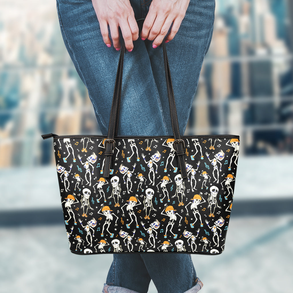 Dancing Skeleton Party Pattern Print Leather Tote Bag