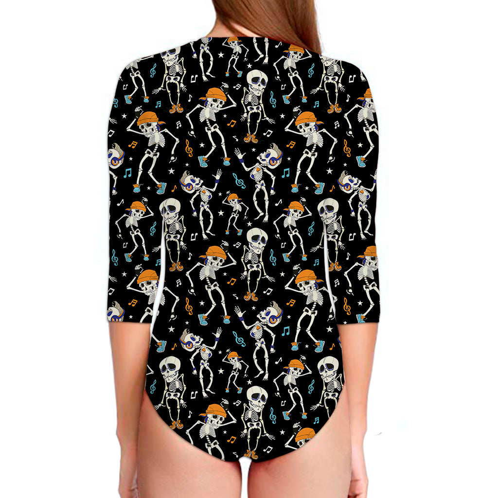 Dancing Skeleton Party Pattern Print Long Sleeve Swimsuit