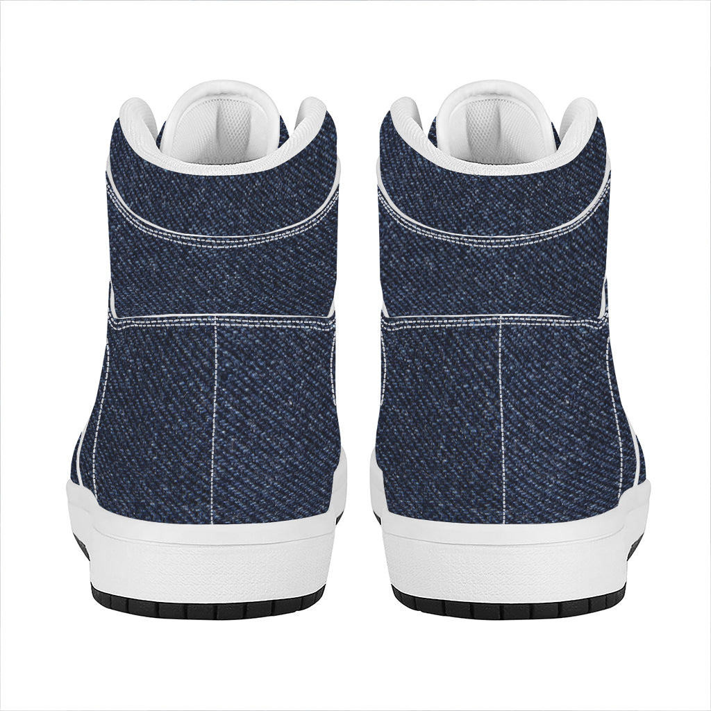 Dark Blue Denim Jeans Print High Top Leather Sneakers