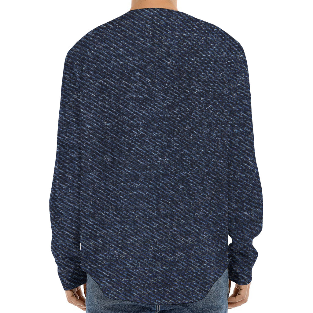 Dark Blue Denim Jeans Print Long Sleeve Baseball Jersey