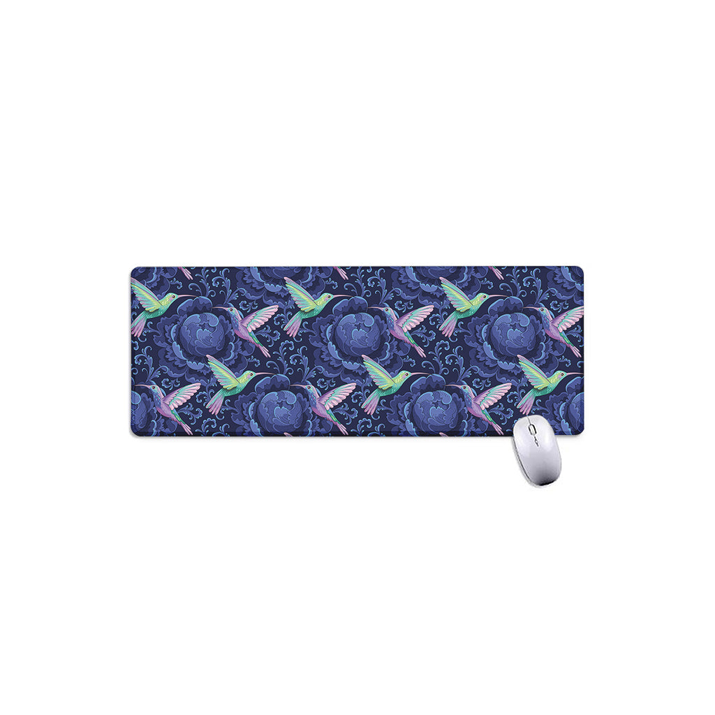 Dark Blue Floral Hummingbird Print Extended Mouse Pad