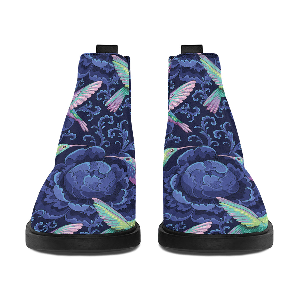 Dark Blue Floral Hummingbird Print Flat Ankle Boots