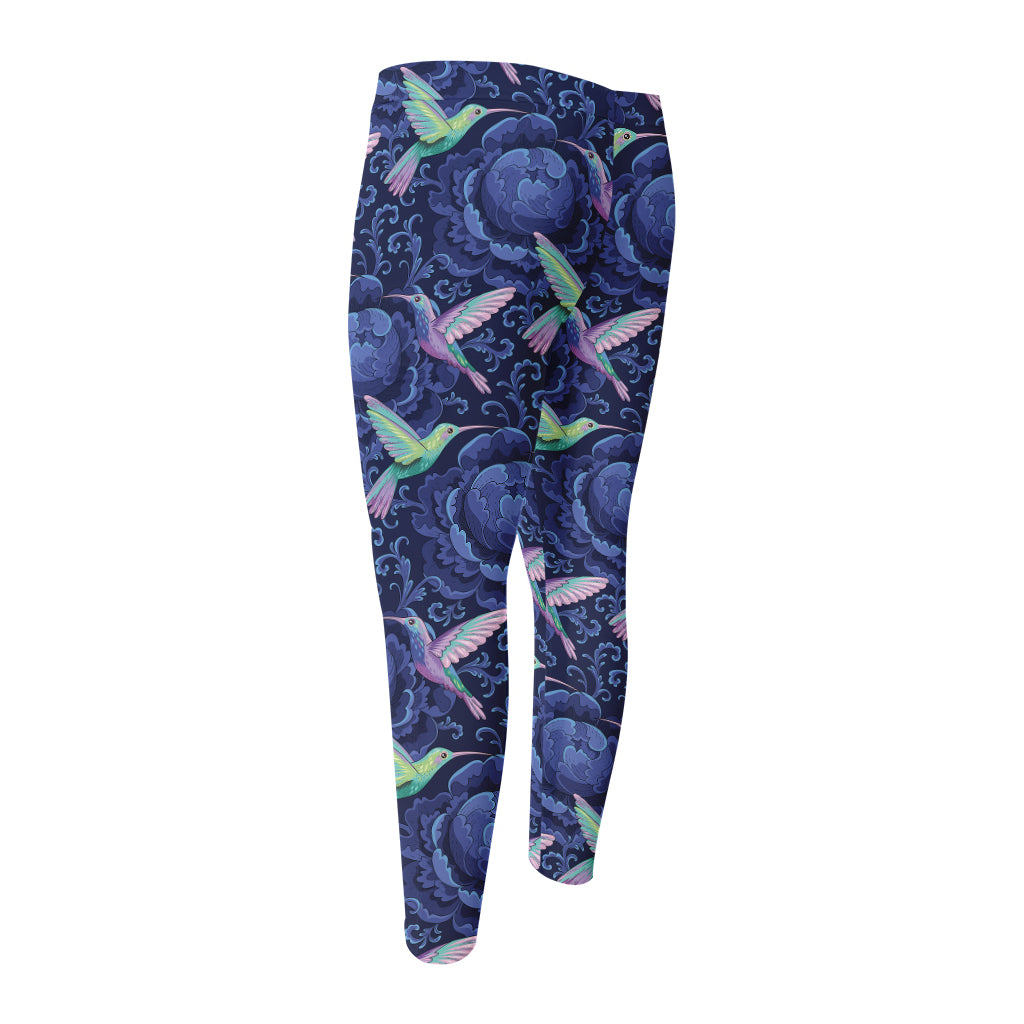 Dark Blue Floral Hummingbird Print Men's Compression Pants