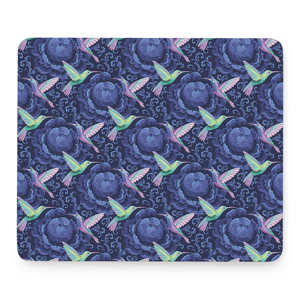 Dark Blue Floral Hummingbird Print Mouse Pad