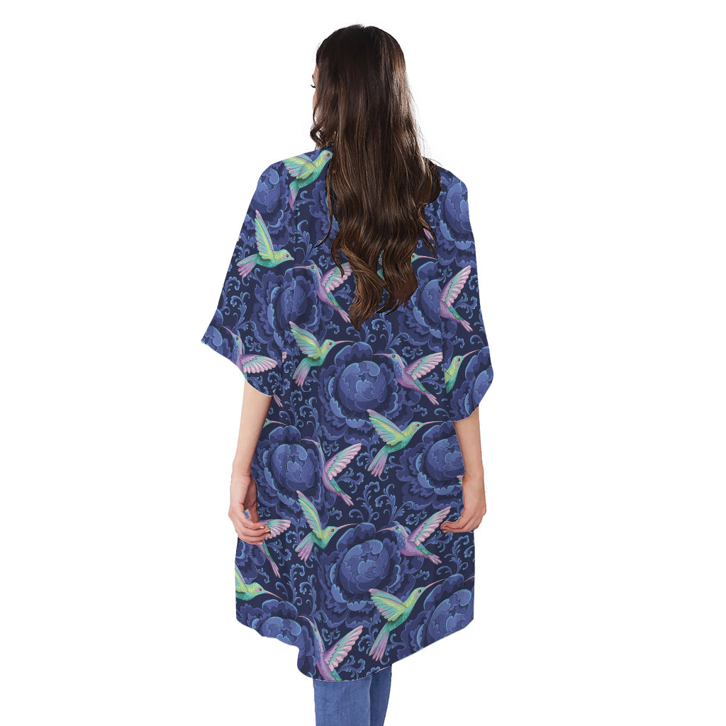 Dark Blue Floral Hummingbird Print Open Front Beach Cover Up