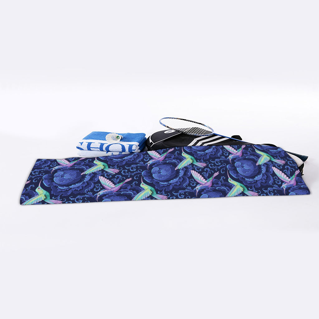 Dark Blue Floral Hummingbird Print Sports Towel