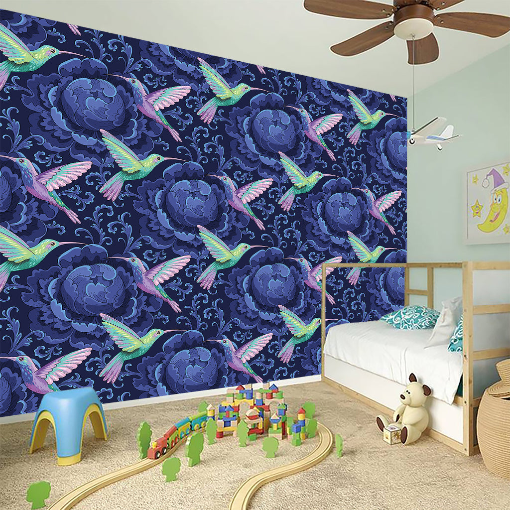 Dark Blue Floral Hummingbird Print Wall Sticker