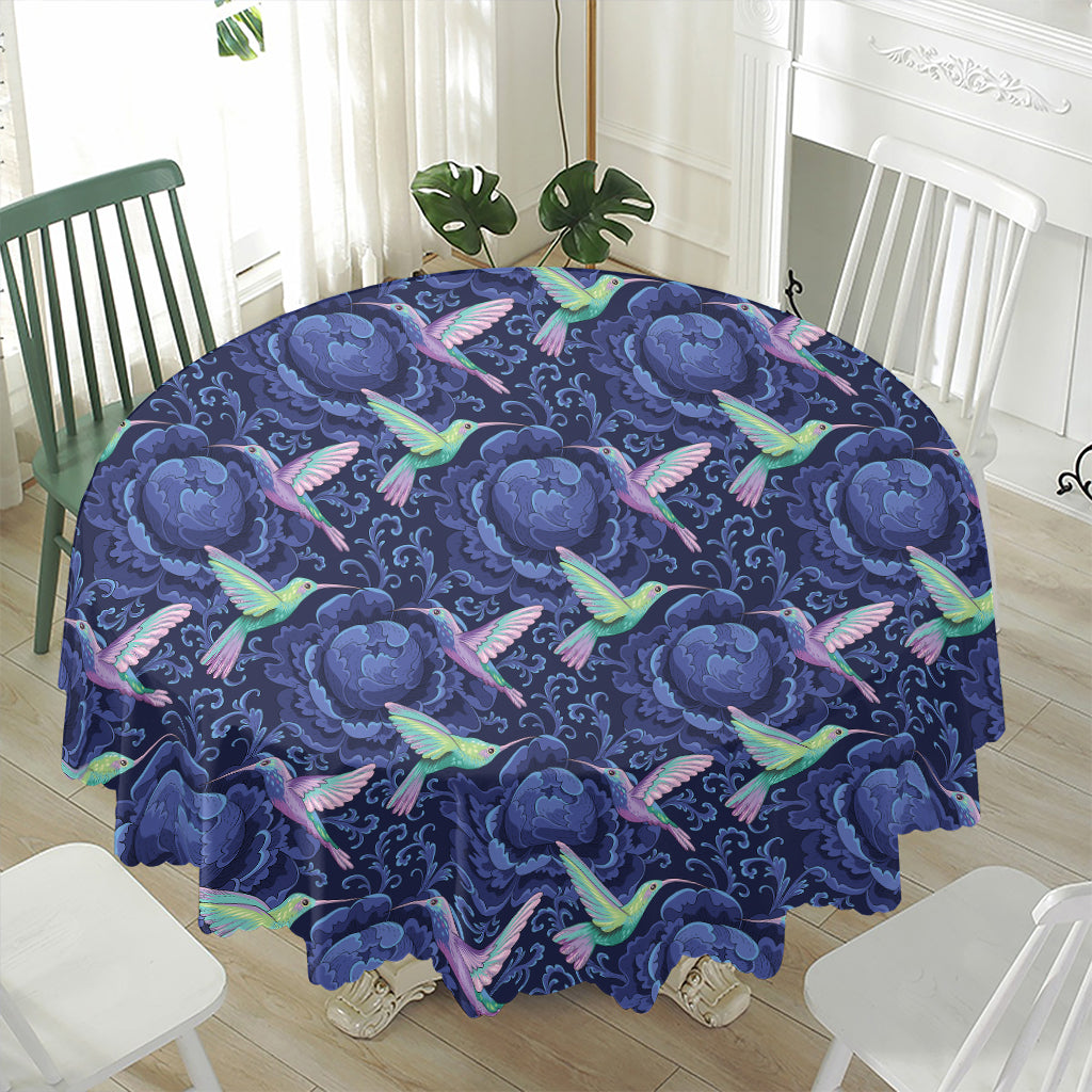 Dark Blue Floral Hummingbird Print Waterproof Round Tablecloth