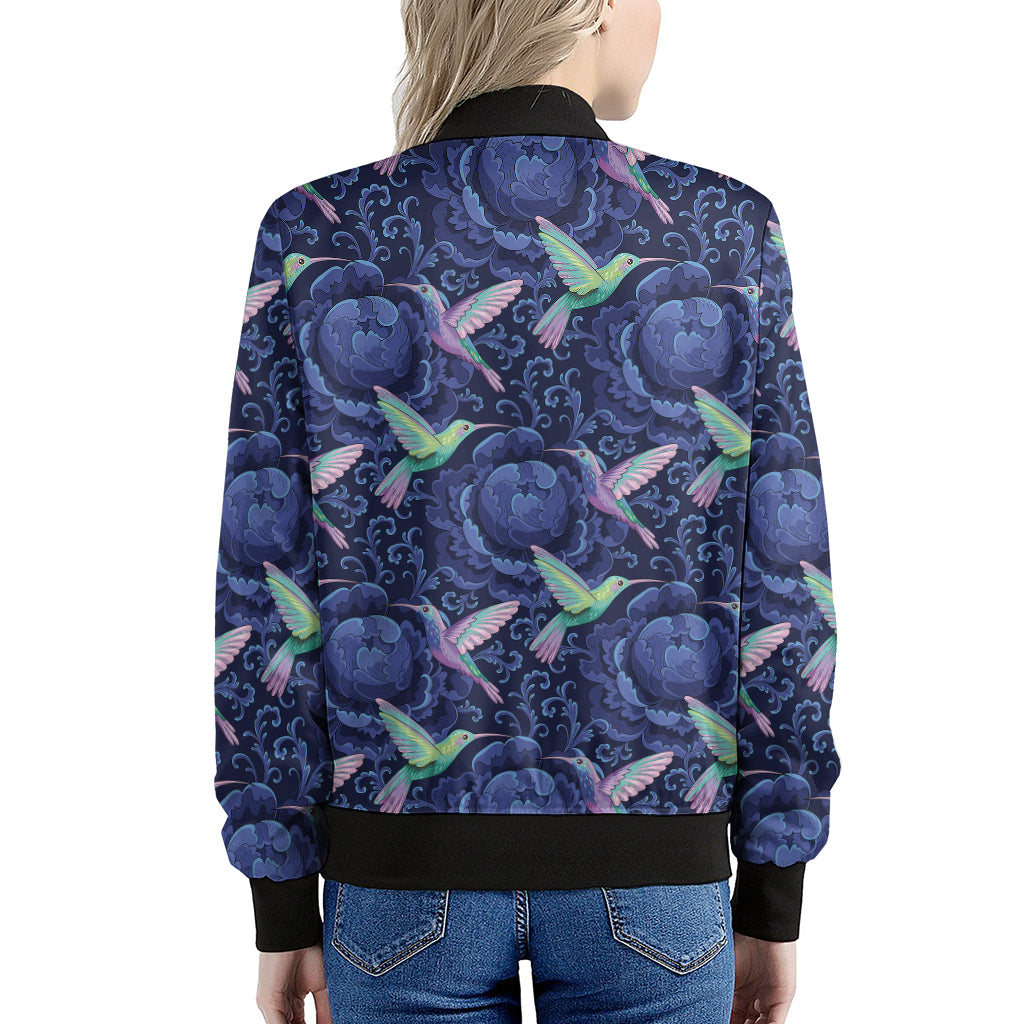 Dark Blue Floral Hummingbird Print Women's Bomber Jacket