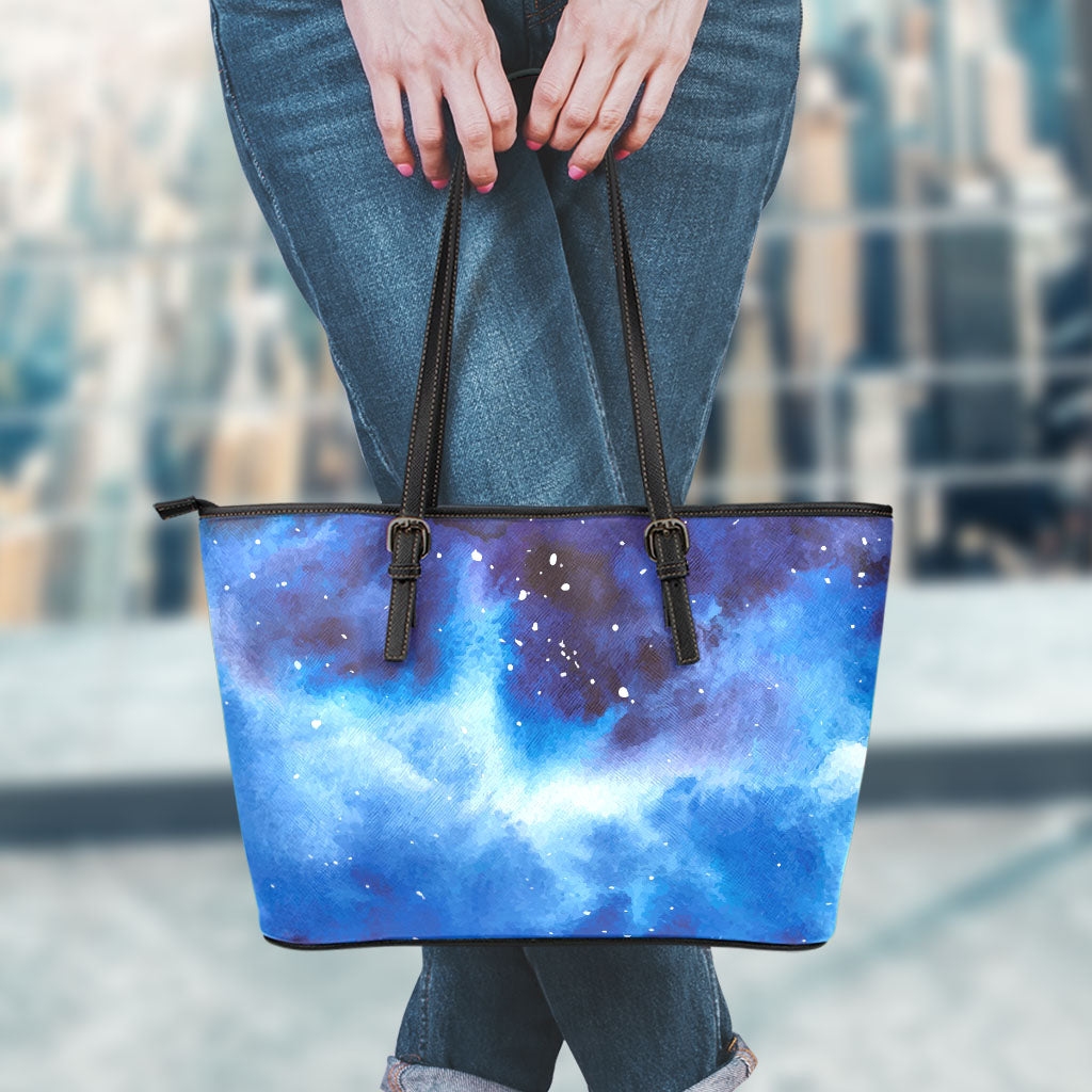 Dark Blue Galaxy Space Print Leather Tote Bag