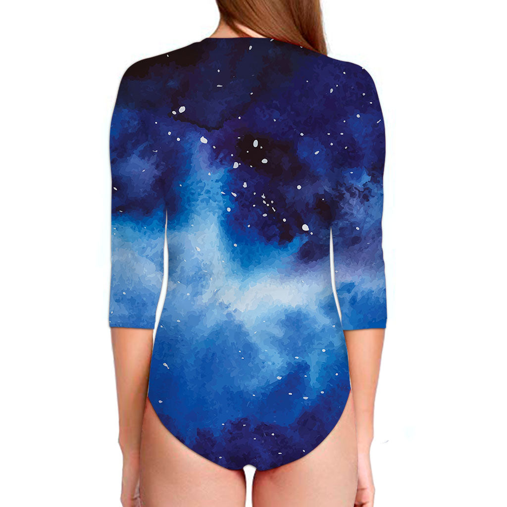 Dark Blue Galaxy Space Print Long Sleeve Swimsuit