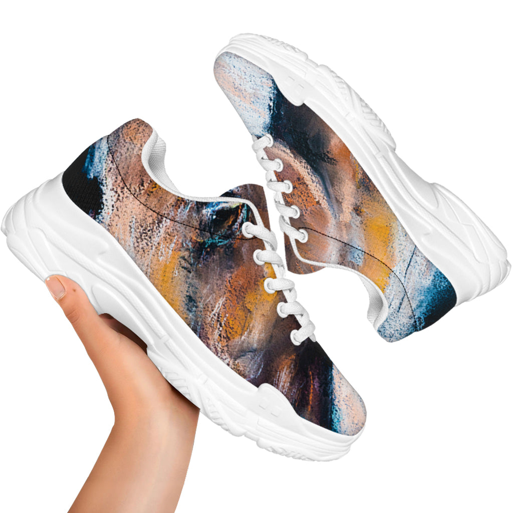 Dark Blue Horse Painting Print White Chunky Shoes