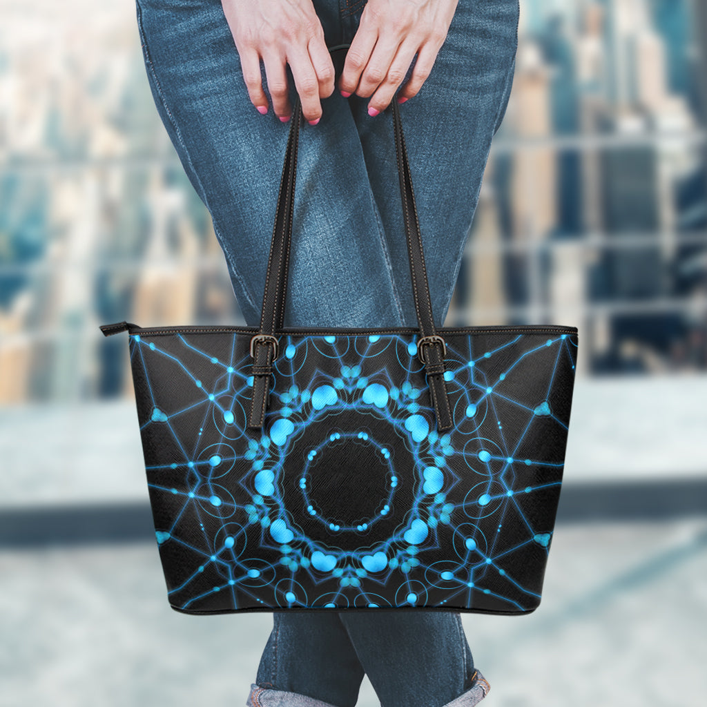 Dark Blue Kaleidoscope Print Leather Tote Bag