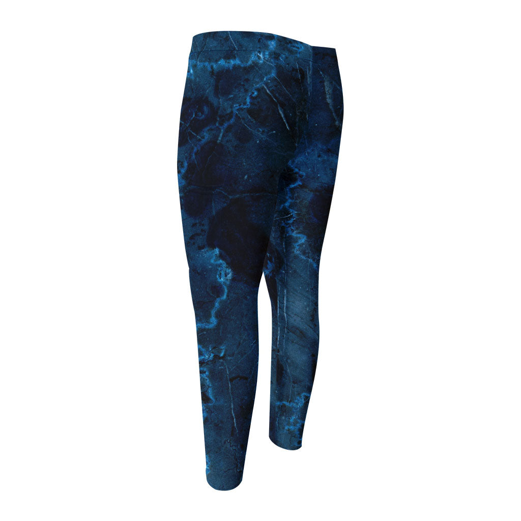Dark Blue Marble Print Men's Compression Pants