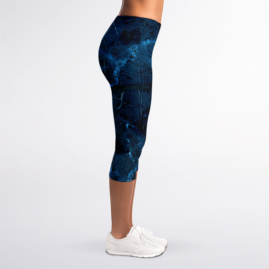 Dark Blue Marble Print Women's Capri Leggings