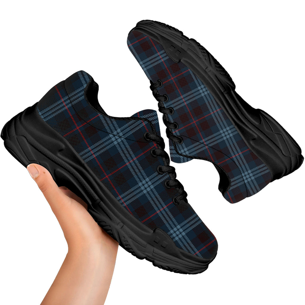 Dark Blue Tartan Pattern Print Black Chunky Shoes