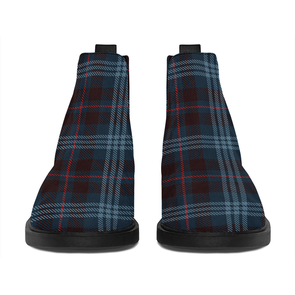 Dark Blue Tartan Pattern Print Flat Ankle Boots