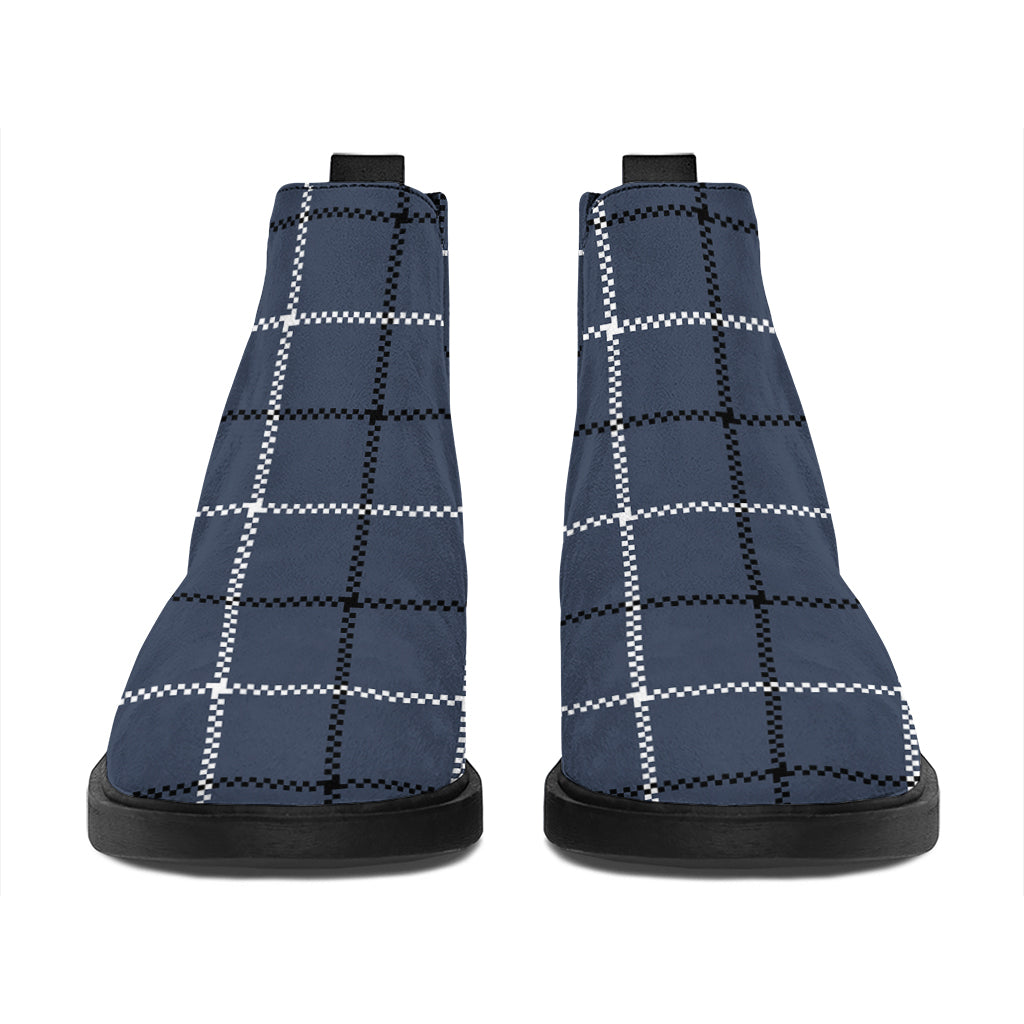 Dark Blue Tattersall Pattern Print Flat Ankle Boots