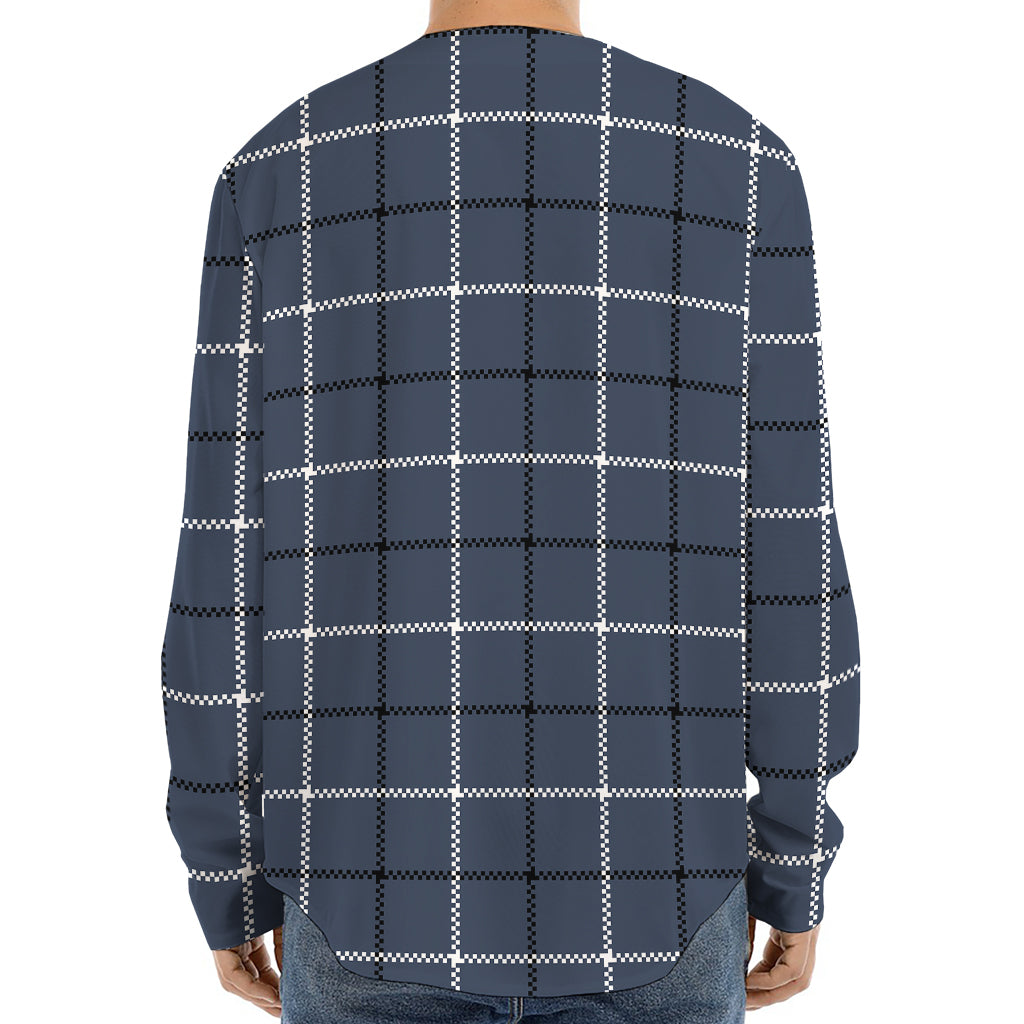 Dark Blue Tattersall Pattern Print Long Sleeve Baseball Jersey
