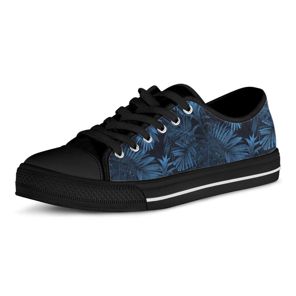 Dark Blue Tropical Leaf Pattern Print Black Low Top Sneakers