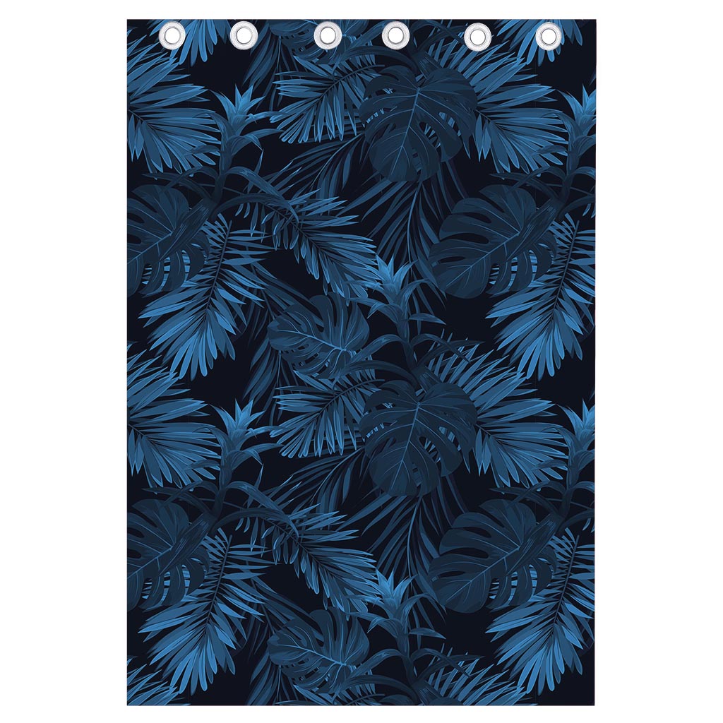 Dark Blue Tropical Leaf Pattern Print Curtain