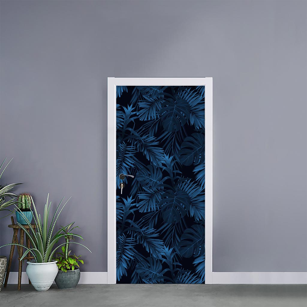 Dark Blue Tropical Leaf Pattern Print Door Sticker