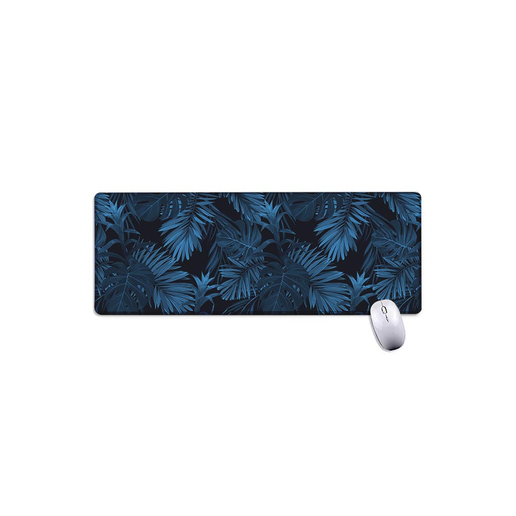 Dark Blue Tropical Leaf Pattern Print Extended Mouse Pad